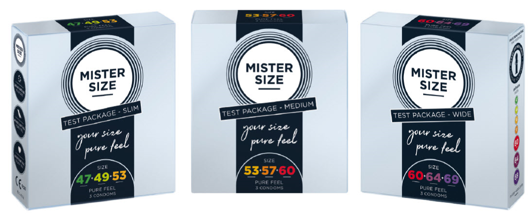 Tři různé testovací balíčky kondomů Mister Size